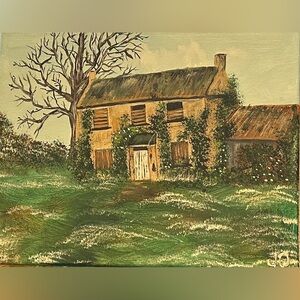 Old Countryside Cottage Painting in Green and Brown